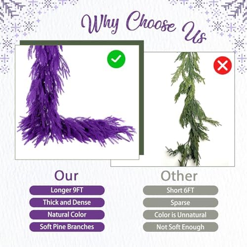 N&T NIETING Christmas Garland Norfolk Pine Garland Real Touch Artificial Christmas Purple Xmas Garland for Mantle, Table Holiday Fireplace Staircase Indoor Outdoor Christmas Decorations (9 FT) - Image 4