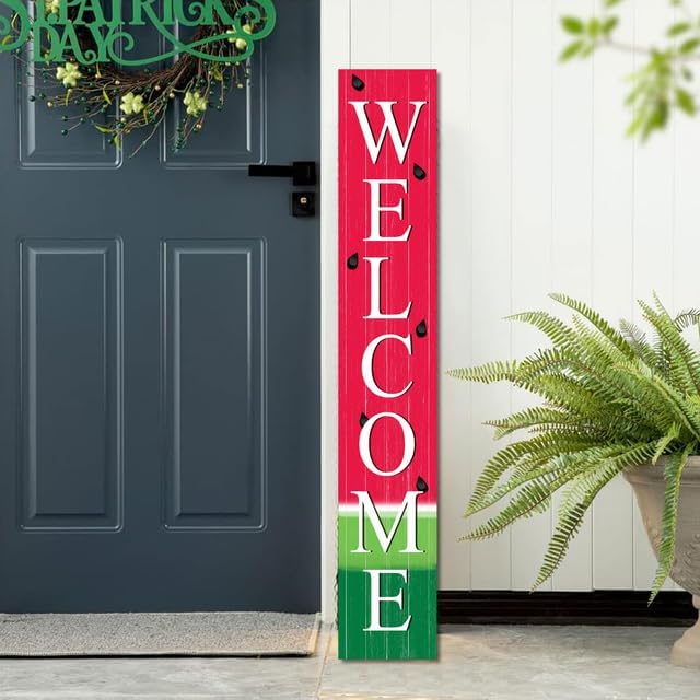 Welcome Watermelon Porch Board 8”x48” Welcome Solid Wood Sign and Porch Leaner for Front Door Porch Deck Wall - Indoor Outdoor Summer Farmhouse Rustic Vertical Porch Decor - Image 2