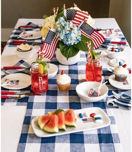 Solino Home 100% Pure Linen Table Runner, 14 x 120 in, Blue and White Check - Image 3