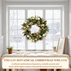 Hykolity 28 Inch Pre-Lit Botanical Christmas Wreath, Battery Operated Lighted Wreath with 50 Warm White LEDs, Timer, Gold Silver Ornaments, Pinecones and Decorative Leaves for Front Door - Image 2