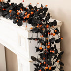 Glitzhome Halloween Garland, 72" Black Eucalyptus Garland with Pumpkin Bats and Berries, Halloween Mantel Decor for Door Fireplace Shelf Fall Display - Image 5