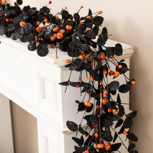 Glitzhome Halloween Garland, 72" Black Eucalyptus Garland with Pumpkin Bats and Berries, Halloween Mantel Decor for Door Fireplace Shelf Fall Display - Image 5