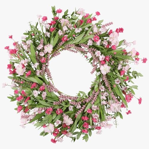 26" Spring Wreaths for Front Door Artificial Floral Wreath with Wildflowers Portulaca CHEAWRTZ Summer Easter Decorations for Indoor Outdoor Window Wall Farmhouse Porch Home Decor Cherry Blossom Pink by CHEAWRTZ