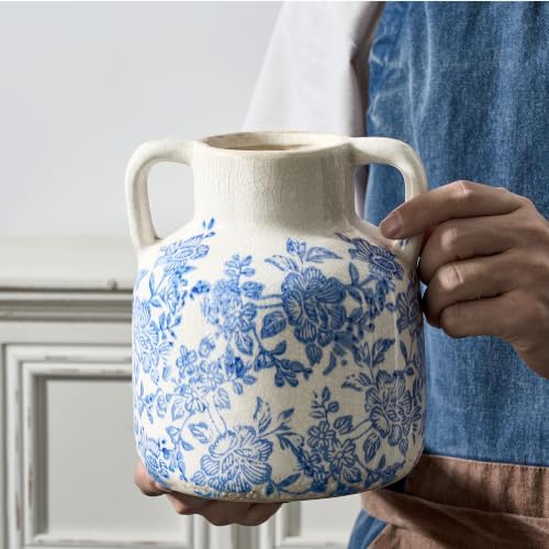 Ceramic Vase with Handles, Vintage Utensil Holder, Flower Decorative Vase Chinoiserie Decor Rustic Farmhouse Retro Floral Vases for Table Bookshelf Mantel Kitchen Living Room Office - 6.7” Blue 017 - Image 3