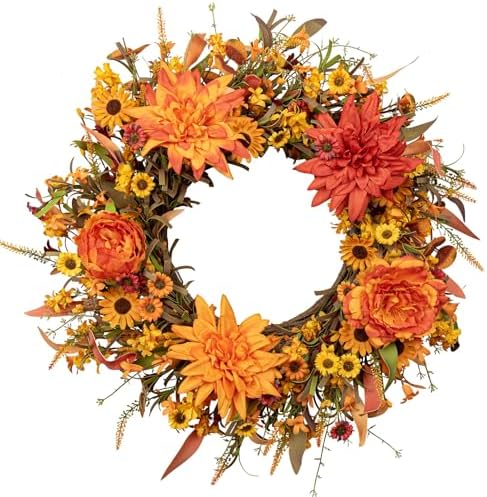 J'FLORU 22 Inch Artificial Fall Wreath Autumn Wreaths for Front Door Thanksgiving Wreath with Peony Dahlia Daisy Flowers for Thanksgiving Day Harvest Festival Wall Porch Indoor Outdoor by JFLORU
