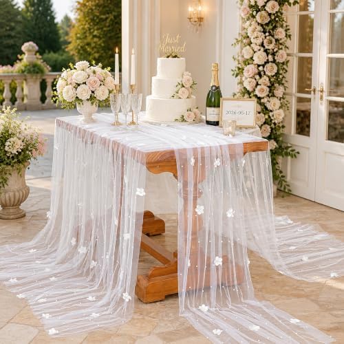 Fanqisi White Pearl Table Runner Floral Tulle Gauze Runner 10FT 4 Pack - Image 2