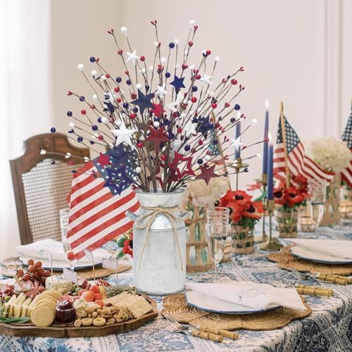 Uieke 4 Pcs 4th of July Decorations Patriotic Artificial Berry Stems Picks with Vase Red White Blue Star Shaped Berries Picks for Independence Day Party Supplies Table Home Office Party Decor - Image 5