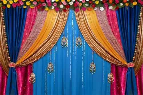 12x8ft Indian Traditional Backdrop Colored Curtains Marigold Photography Background Indian Hindu Wedding Banner Happy Holi Diwali Pooja Party Decorations Photo Props by CSFOTO