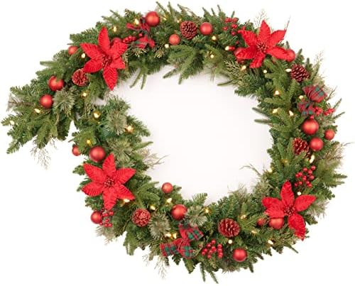 9Ft Poinsettias Pre-lit Christmas Garland 50 LED Lights Battery Operated,Holiday Decoration Fireplace Stairs Mantle Door Indoor Outdoor by AmerzestXmastree