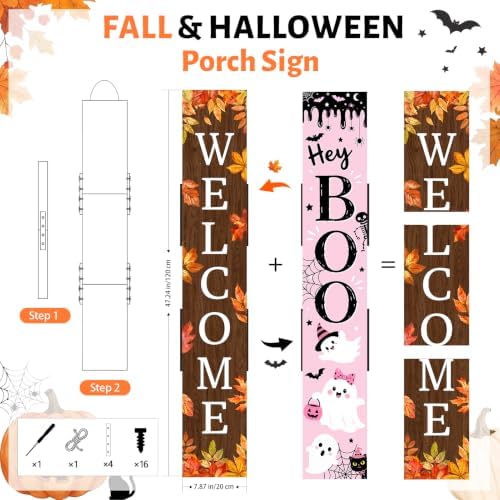 Fall Porch Sign Double Side, 47.2", Front Door, Pink Halloween - Image 2