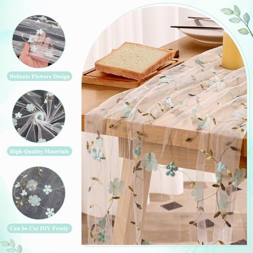 Embroidery Floral Table Runner Rustic Spring Summer Wildflower Tulle Table Runner Vintage Flower Kitchen Dining Tabletop Runners Decoration for Home Wedding Party, 108x24.5 Inch (Green Flowers) - Image 3