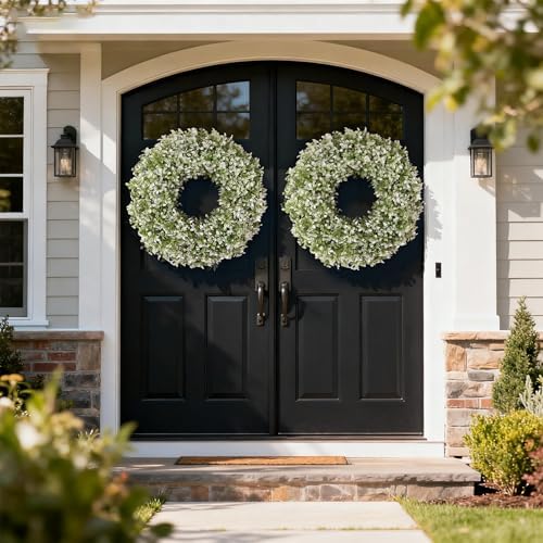26" Large Artificial Boxwood Wreath for Front Door Decoration (White-Green) - Image 3