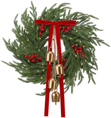 20 Inch Christmas Norfolk Pine Wreath for Front Door, with Lights by Tigeen