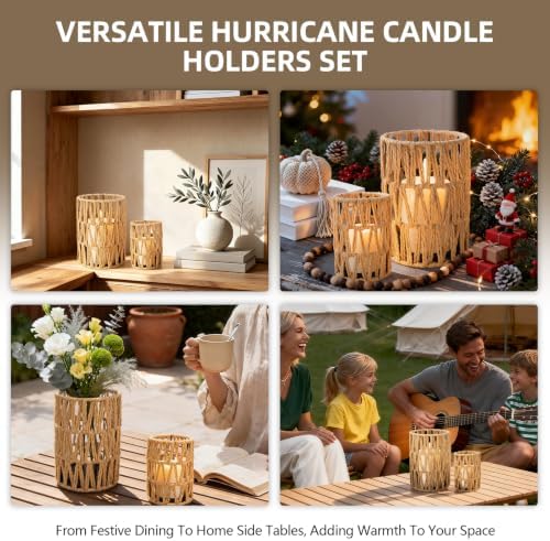 Rattan Boho Hurricane Candle Holder: Set of 2 Pillar Candle Holders with Glass Lanterns Cylinders—Farmhouse Decorative for Living Room, Table Centerpiece - Image 6