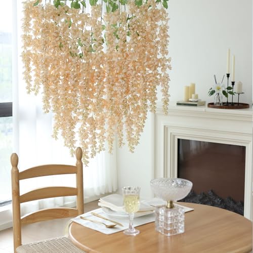mizii 6Pcs Beige Wisteria Hanging Flowers 48" Silk Wisteria Artificial Flowers Garland Vines Fake Hanging Flowers Decoration for Wedding Flower Wall Backdrop Centerpieces Party Room Decor (Beige) - Image 7
