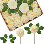InnoGear Artificial Flowers, 50 Pcs Cream Foam Fake Roses Bulk with Stems for Decoration DIY Wedding Bouquets Centerpieces Bridal Shower Party Christmas Tree by InnoGear