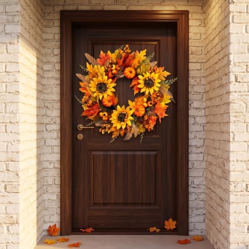 26" Fall Wreath for Front Door Pumpkin Artificial Wall Decor Autumn - Image 6