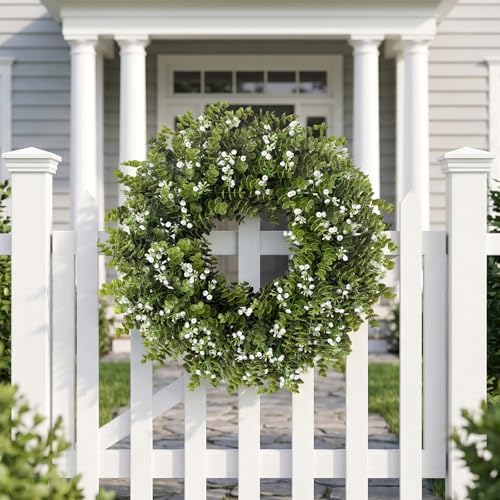 26" Large Eucalyptus Wreaths for Front Door,Spring Summer Fall Autumn Winter Wreaths,Boxwood Outdoor Wreath with Babys Breath for Porch, Wall,Home Decor- Spring Summer Fall Winter All Seasons - Image 6