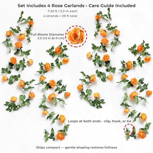FiveSeasonStuff Warm Orange Artificial Rose Garlands, Four Separate Faux Flower Vines with Greenery - Image 4