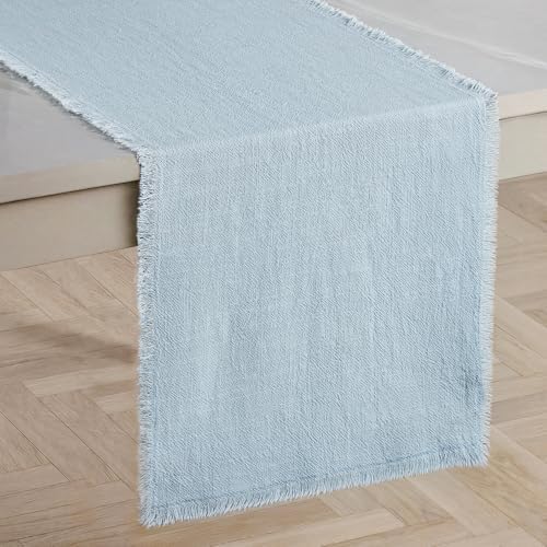 KINGSTONE 14 x 72 Inches Frayed Edge Table Runner, 270G Heavyweight Sand Washed Slub Texture Cotton Linen for Modern Farmhouse, Rustic Home Decorations Dining Room Wedding Boho Decor, Light Blue by KINGSTONE