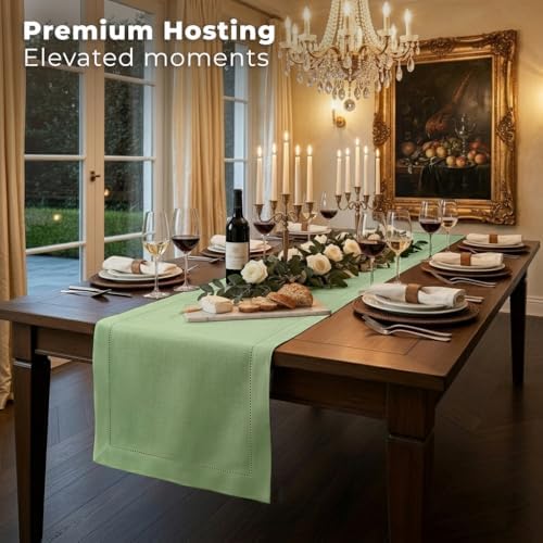 Signature Linen™ by D'Moksha, Sage Green Table Runner 48 Inches, 100% Pure Linen, Hemstitch, Coffee Table Runner, 14 x 48 Inch for Dresser Tables- Fall, Weddings, Outdoor Hosting - Image 4