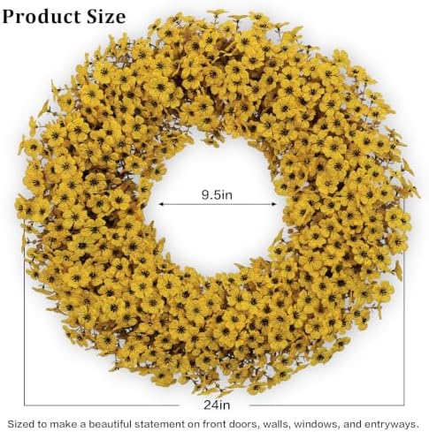 24" Yellow Fall Wreath for Front Door, Artificial Mums Autumn Wreath - Image 2