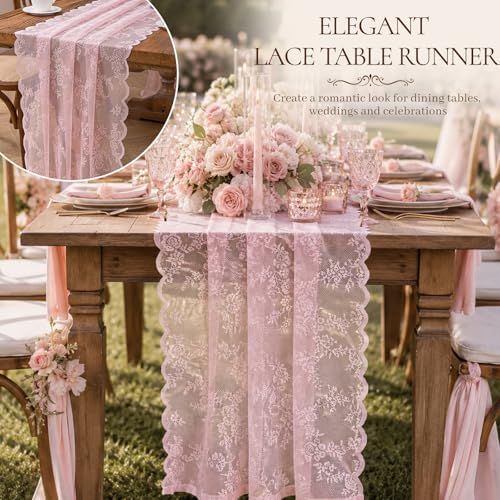 Pink Lace Table Runner with Floral Embroidered (6pcs, 28”x118”) - Image 3