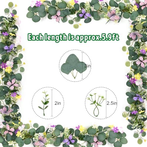 Waipfaru 4Pcs Eucalyptus Garland with Daisy 3D Butterfly, Green Garland with Flowers, 5.9FT Artificial Faux Eucalyptus Leaves Vines for Table Mantle Home Wedding Party Indoor Outdoor Decor - Image 3