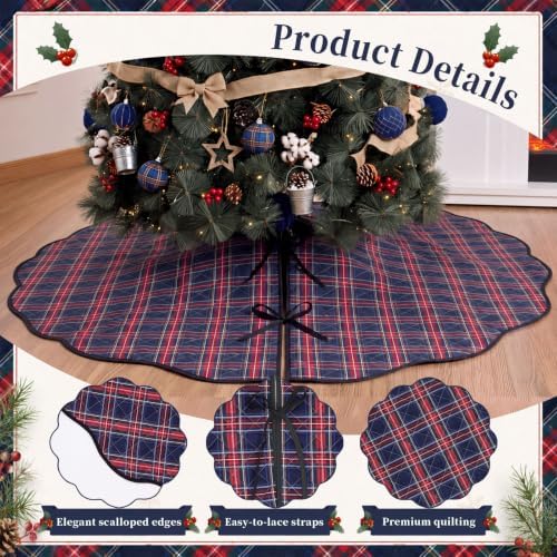 Junkin Navy Blue Plaid Quilted 60in Christmas Tree Skirt Tartan Tree Decor - Image 4