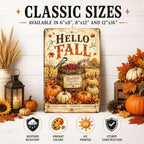 Decorative Tin Sign Vintage Metal Tin Sign Hello Fall Bird Berry Barrel Pumpkins Grateful Hearts Wall Decor for Farmhouse Kitchen Dining Room Porch 6×8 Inches with Metal Frame - Image 2