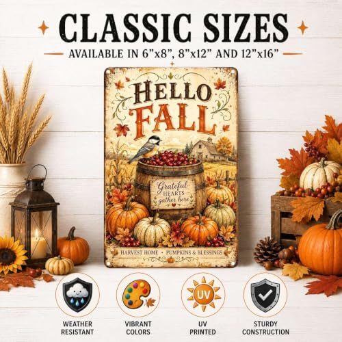 Decorative Tin Sign Vintage Metal Tin Sign Hello Fall Bird Berry Barrel Pumpkins Grateful Hearts Wall Decor for Farmhouse Kitchen Dining Room Porch 8×12 Inches with Metal Frame - Image 2