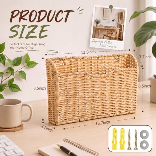 SiliFine 1 Pack Wall File Holder, Woven Hanging Basket Magazine Holder Wall Mounted Hanging Baskets File Organizer Pocket for Office Home Decorative Mail Magazine - Image 2