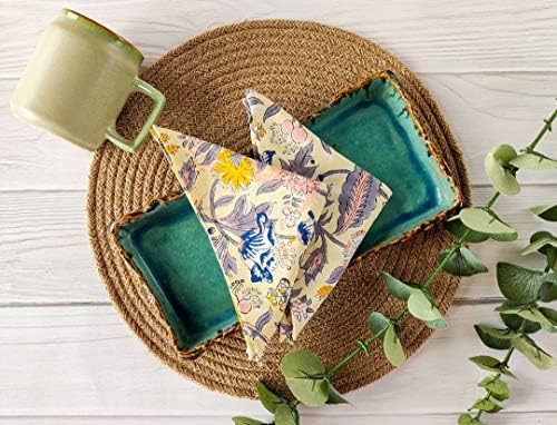 Craftbot Cotton Print Dinner Napkins 18x18 inches - Washable Cloth Napkins Set of 6 - Everyday Use or Dinner Party and Events - Light Yellow Indian Block Printed Fabric - Image 2