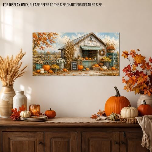 WAXWHELK Fall Canvas Wall Art, Autumn Rustic Farmhouse Painting Pictures of Farm Fresh Stand with Pumpkins and Mums, Thanksgiving Artwork for Living Room Bedroom Home Decor, (12"x24") - Image 2
