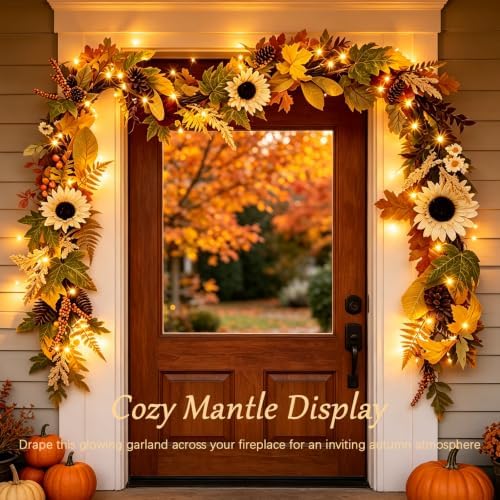 6FT Fall Garland with Lights, Artificial Sunflower Pumpkin Berry Pinecone Daisy Vine, Thanksgiving Autumn Harvest Home Decor for Mantle Porch Table Centerpiece - Image 4