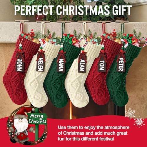 Hommtina Christmas Stockings, Personalized Christmas Stockings 18 Inches Large Size Cable Knitted Stocking Gifts (6pcs White&red&Green) - Image 2