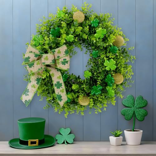 22" St Patrick's Day Wreath with Boxwood & Bow Decorations for Front Door - Image 5