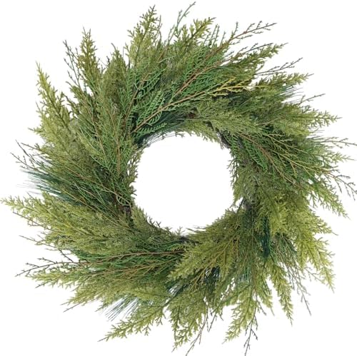 20” Green Faux Norfolk Pine Christmas Winter Wreath – Mixed with Real Touch Fake Cypress, Cedar & Spruce, Xmas Wreaths for Front Door Porch Mantel & Fireplace by BINFEN