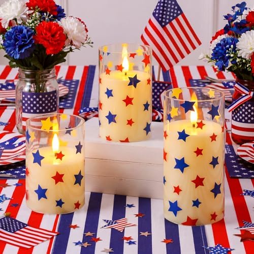 Blosssound 3 Pack 4th of July Flameless Candles Battery Operated Independence Day Stars in Blue Red Flameless Flickering Candles LED for Gifts Home 250th Patriotic Holiday 4th of July Table Decoration - Image 3