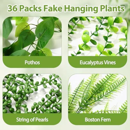 Daifunli 36 Pcs Artificial Hanging Plants Fake Hanging Ferns Plastic Fake Plants for Wall Room Garden Garland Indoor Outdoor Decor No Basket (Boston,Eucalyptus,Ivy Vine,String of Pearls) - Image 5