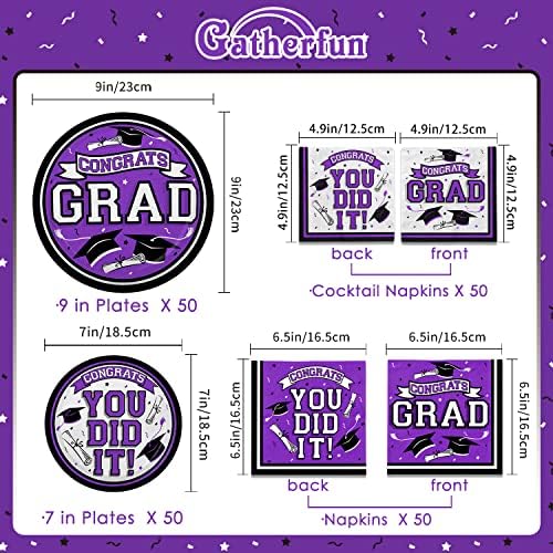 Graduation Party Supplies Dinnerware Set purple Disposable dinner paper plates dessert paper plates and Napkins for Congrats Grad Party Decorations, Serve 50 - Image 2