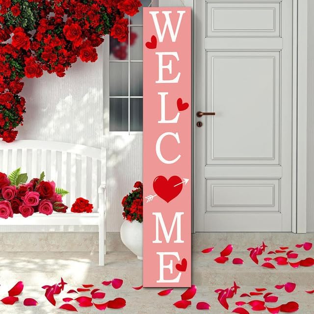 SRongmao Valentine's Day Welcome Porch Sign Love Wooden Hanging Sign Valentine's Day Front Door Sign Standing Vertical Welcome Signs for Home Front Door Yard Party Decor 8x63inch - Image 6
