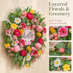 Spring Summer Wreaths for Front Door 24 Inch with Cherry Blossom,Pink Roses & Hello Sign,Summer Door Wreath for Entryway,Porch & Home Décor Indoor Outdoor - Image 4