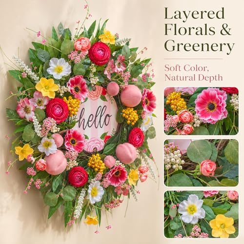 Spring Summer Wreaths for Front Door 24 Inch with Cherry Blossom,Pink Roses & Hello Sign,Summer Door Wreath for Entryway,Porch & Home Décor Indoor Outdoor - Image 4