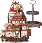 Nuogo 24 Pcs Christmas Tiered Tray Decorations Set and 2 Tiered Tray Stand With Handle - Winter Table Tabletop Snowman Decor for Home Farmhouse Hot Cocoa by Nuogo