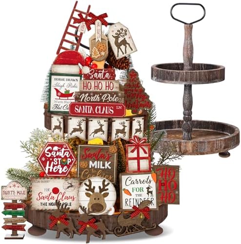Nuogo 24 Pcs Christmas Tiered Tray Decorations Set and 2 Tiered Tray Stand With Handle - Winter Table Tabletop Snowman Decor for Home Farmhouse Hot Cocoa by Nuogo