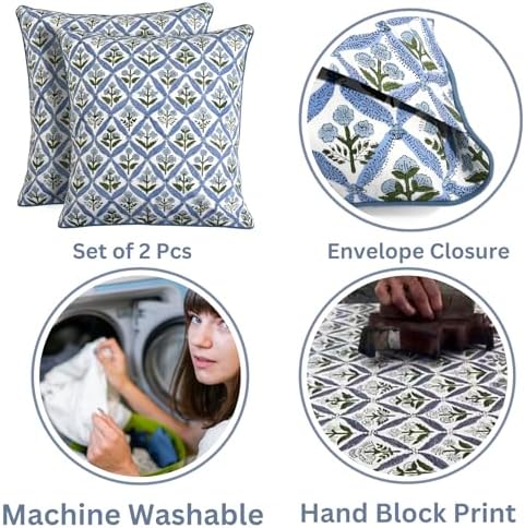 Ridhi Block Print Light Steel Blue Pillow Cover 16" x 16" (Pack of 2) Decorative Couch Pillows for Living Room, Chic Boho Cute Outdoor Pillows Covers Gifts for Spring, Easter and Valentine - Image 4