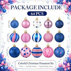 Lunmon 64 Pcs Blue Pink Christmas Ball Ornaments Set Cartoon Xmas Baubles - Image 3