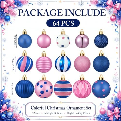 Lunmon 64 Pcs Blue Pink Christmas Ball Ornaments Set Cartoon Xmas Baubles - Image 3