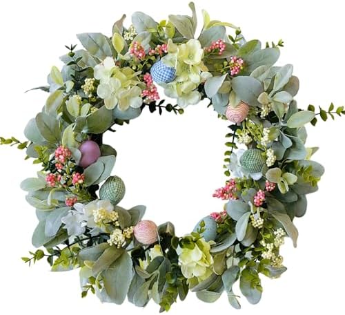 Easter Wreaths for Front Door, 20 inch Easter Door Wreath Decorations with Eggs Lambs Ear Leaves, Artificial Spring Wreath with Hydrangeas Flowers for Home Wall Window Farmhouse Decor by CIROASES